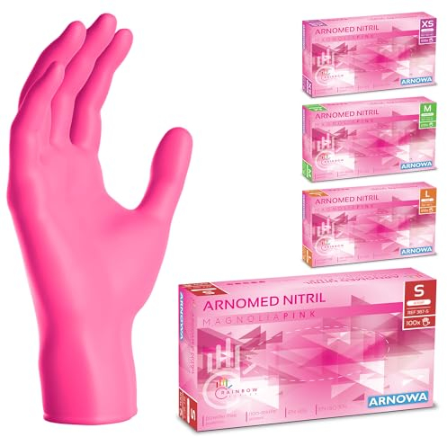 100x ARNOMED® Guanti nitrile S Rosa, Guanti monouso senza polvere e lattice, Guanti plastica usa e getta dermanytril, Per cucina, pulizia casa, alimenti e tattoo XS, S, M, L, XL