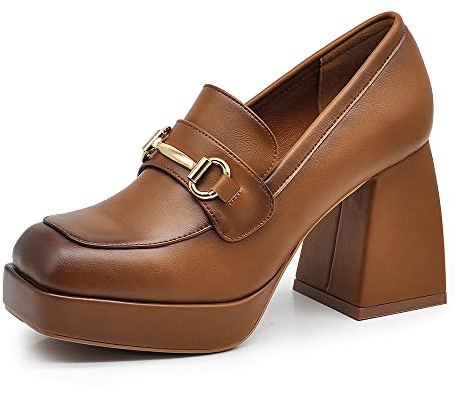 IF Fashion Scarpe Mocassini Décolleté Decollete da Donna con Tacco Largo e Plateau MP358-1 Cuoio N.37