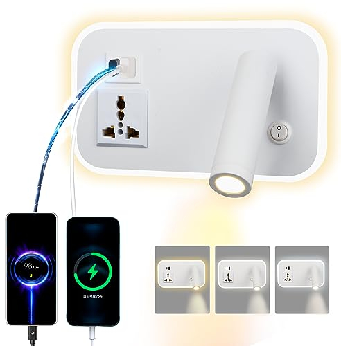 uksunvi LED Leselampe Wandlampe Mit Universalsteckdose USB Type-C-Zwei AufladungMund Schalter Verstellbarer 12W 3000K Wandleselampe Aluminium Bettlampe Drehbar (Rechteck weiß)