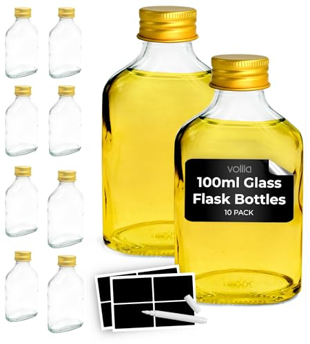 volila 100ml Glass Flask Bottles with Gold Screw Caps, Labels and Pen - 10 Pack Reusable Empty Glass Bottles for Sloe Gin, Liqueur or Homemade Vinegar