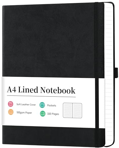 Artfan Notebook A4 - A4 Lined Notebook with 320 Pages Premium Paper, Faux Leather Classic Writing A4 Notebook Journal, 21.5 x 27.9cm, Hardcover, Black