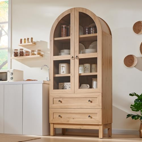 IFGET 71 Tall Arched Kitchen Pantry, Modern Farmhouse Wood Kitchens Storage Cabinets with 2 Large Drawers and Adjustable Shelves, Versatile Cupboard for Kitchen, Dining Room, Bathroom, Natrual