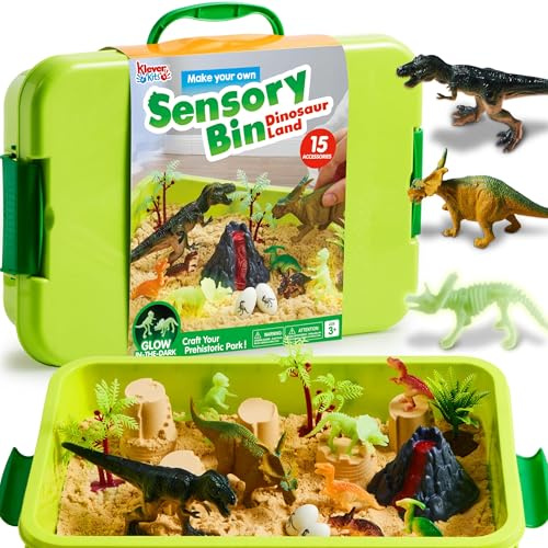 JOVA Klever Kits Dinosaurs Sensory Bin Toys for Toddlers with Glow in The Dark Dinosaurs, Sandbox with Lid Sand, Preschool Learning Activities Gifts for Boys Girls Age 3+