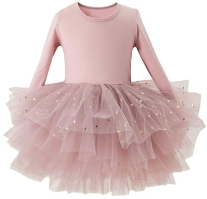 Robes Tutu de Ballet pour Tout-Petites Filles avec Manches Longues, Justaucorps de Danse avec Couches Moelleuses et Jupe en Tulle Séquinée Combinaison Ballerine, Rose pâle, 5-6 ans