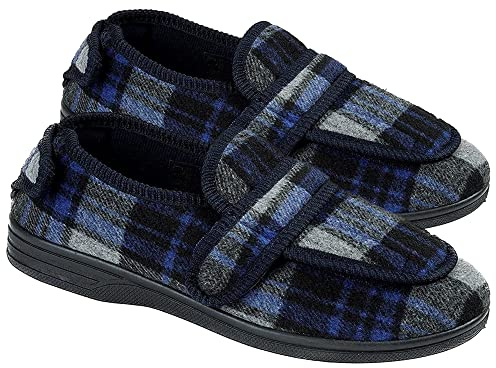 Fashion by Purdashian Mens Slippers | Black Extra Wide Fit Slippers | Diabetic Shoes For Men | Full Front & Back (Navy & Grey Checked, UK Footwear Size System, Adult, Men, Numeric, X-Wide, 15)