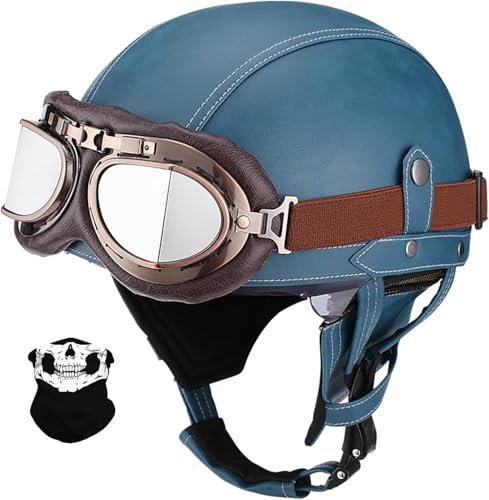 STTTBD Caschi Jet 3/4 per Adulti Casco da Moto Casco da ciclomotore retrò Caschi da Moto Aperti con Occhiali Casco da Scooter in Pelle PU Chopper Donna Uomo Certificato DOT/ECE C,L=59-60CM