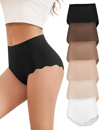 Cevapro Sömlösa underkläder för kvinnor, hög midja, damtrosor med vågkant, syns inte, full täckning, 6-pack, M