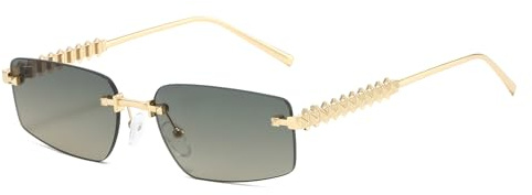 LJCZKA Gafas de Sol Rectangulares Sin Montura para Mujeres Hombres, Gafas de Sol Cuadrados Sin Marco Metallo Lusso Moda Protezione UV (Oro Verde)