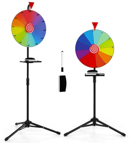 FANTASK Roue Porte-Bonheur 16 Pouces à Tourner Roue Gluecksrad réglable en Hauteur avec Porte-Stylo Jeux de loterie Jeux de Mots Φ40 cm (Hauteur : 97-155 cm)