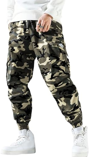 PADOLA Pantalones Cargo de Camuflaje para Hombre Pantalón Trabajo con Multibolsillos y Cintura Elástica Jogging Pants(M,Beige)