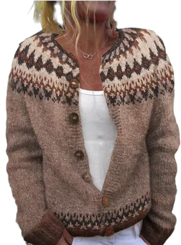 Women's Nordic Fair Isle Cardigan Vintage Icelandic Knitted Coat with Colorful Boho Pattern Button Front Open Sweater (Brown,Medium)