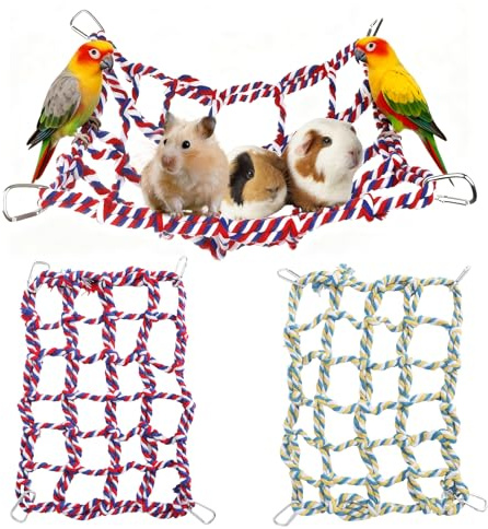 2 Pack Colorful Cotton Climbing Net for Small Pets – Rat Accessories for Cage with 4 Hooks – Multi-Functional Pet Hammock & Hanging Rope Toy for Rats, Hamsters, Parrots, and Ferrets