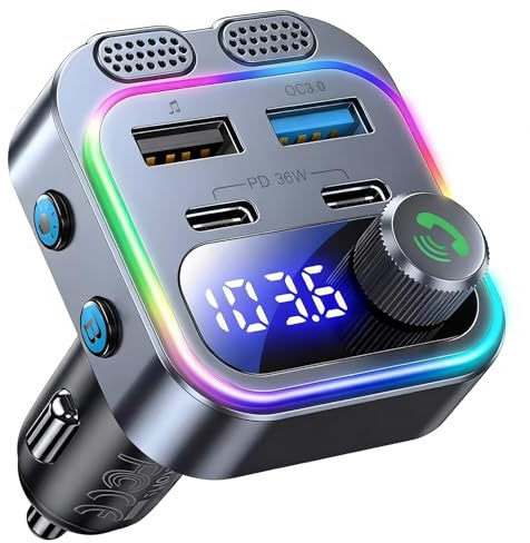 Transmetteur FM Bluetooth 5.4 Voiture 48W, Adaptateur Autoradio avec Bass Boost HiFi, Charge Rapide 30W PD & 18W QC 3.0, Kit Mains Libres Double Micro, USB/U-Disk, Allume-Cigare 12-24V