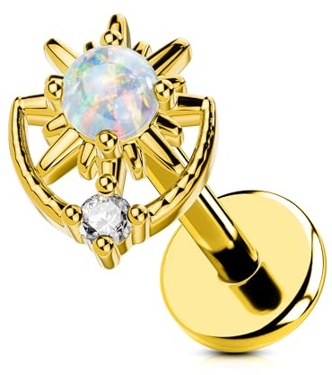 OUFER Body Piercing 18G Stud de Labret en Titane à Enfoncer, Bijou de Perçage des Lèvres, 6mm Pierre Opale CZ, Bouchon d'Helix et de Tragus, pour Perçages Fraîchement Faites ou Guéries