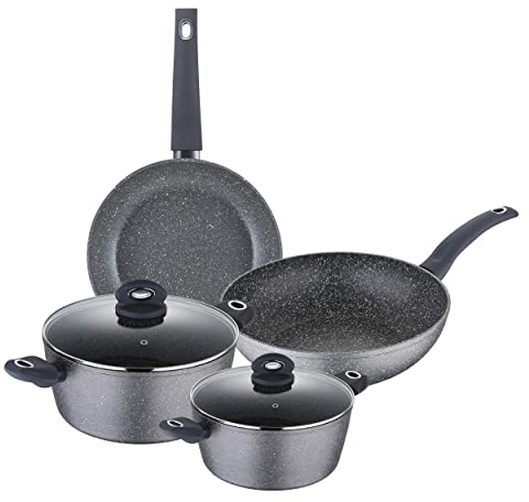 Bergner - Orion 6 Piece Non-Stick Pots and Pans Set - Induction Hob Aluminium Cookware Set - Includes 24cm Frying Pan, 28cm Wok, 20cm and 24cm Casseroles with 2 Glass Lids and Heat Resistant Handles