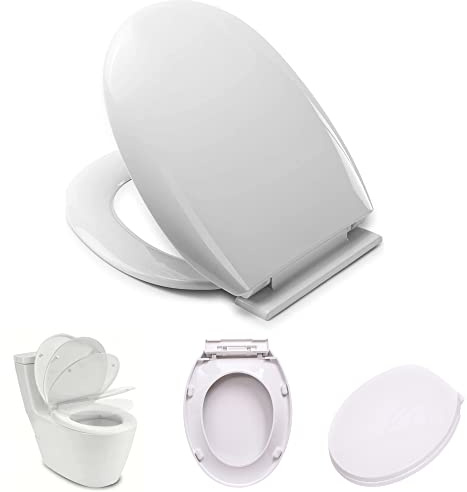Soft Close Toilet Seat White, Toilet Seat with Aajustable Hinges for Easy Cleaning, Simple Top Fixing Toilet Seats Durable Anti-Bacterial Material Loo Seat Oval Shape (415x360mm)