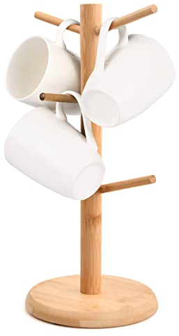 Chstarina Wooden Mug Tree Stand Set of 6 Cups Mug Holder Mug Rack Wood Cup Holder Storage Organizer Display Stand Kitchen Storage Rack with Anti-Slip Weighted Base for Coffee Tea Mugs Cups…  (Round)