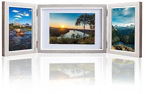 DoDuo Bilderrahmen Klappbar, Bilderrahmen Aufklappbar für 3 Bilder Bilderrahmen Collage Holzdeko in Querformat und Hochformat 10x15cm *2 + 13x18 cm *1
