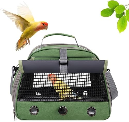Portable Bird Travel Carrier, Green, with Perch and Side Window, for Parakeet and Small Parrot