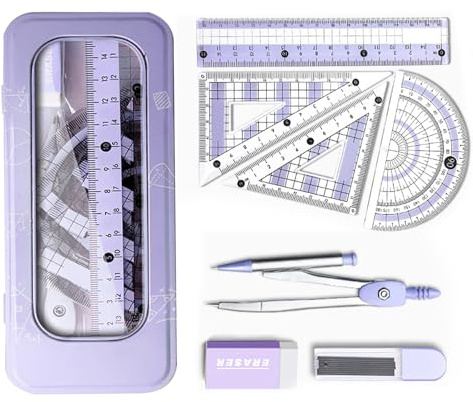 8PCS Maths Set Geometry Set for Secondary School Protractor and Compass Set School Stationery Supplies with Metal Box Prevent Myopia Clear Dual Color Drawing School Mathematic (Purple)