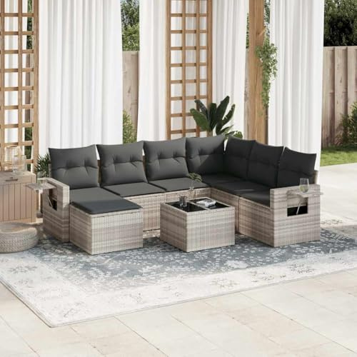 Ensemble de canapé de jardin, 8 pièces, gris clair, en rotin synthétique robuste, avec plateau en verre trempé, résistant aux UV, groupe de sièges d'extérieur modulaire pour terrasse et balcon