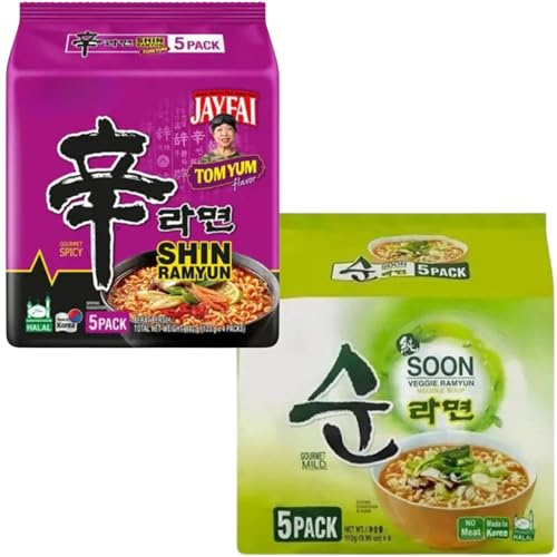 Nongshim Korean Noodles Variety Pack of 2 Flavours (10 Packs Total) – Shin Ramyun Tom Yum & Soon Veggie Ramen – Instant Korean Ramen Noodle Multipack for Quick Meals & Vegan-Friendly Snacks