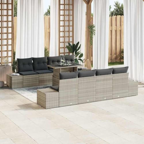 Frdhee Lot de 7 meubles de balcon avec coussins, gris clair et gris foncé, groupe de bancs d'angle pour balcon, terrasse, cour arrière