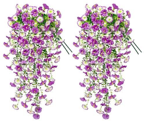 YMIFEEY 4 Stück Künstliche Hängepflanzen Kunstblumen Hängend Wie Echt Hängende Kunstpflanzen Wetterfest Künstliche Blumen Ranken Hängenblumen für Außen Innen Balkon Terrasse Blumenampel (4, Lila Weiß)