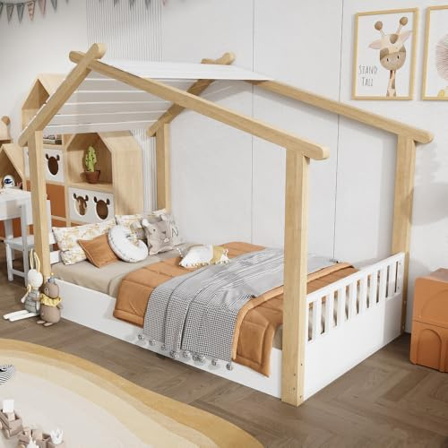 Lit cabane Enfants 90 x 190 cm en Bois,lit Enfant avec Barriere,lit superposé Enfant,Design raffiné de Maison en Bois,sommier à Lattes Robuste,pin + Panneaux de Particules + MDF,Blanc + Naturel