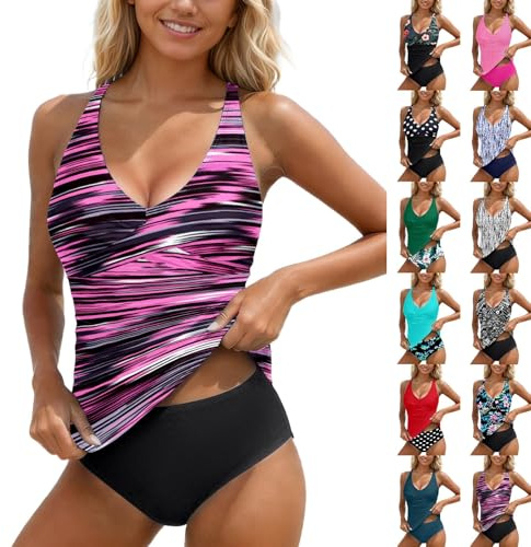 Generico Costume da Bagno 2 Pezzi Tankini Push up Donna Scollo a V Costume Mare Due Pezzi Halter Tankini Donna Mare Curvy Push Up Piscina Sexy con Controllo della Scollo a V Beachwear Swimwear