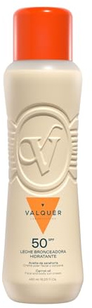 VALQUER Leche Bronceadora Hidratante de Zanahoria SPF 50 | Crema Protectora Solar Facial y Corporal contra Rayos UV | Antioxidante y Regeneradora con Vitamina E | Bronceado Natural | 480 ml