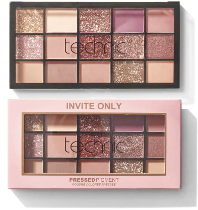 Technic Invite Only Eyeshadow Palette - 15 Blendable Shades with Highly Pigmented Glitters, Shimmers & Mattes for Day or Night Looks. A Mixture of Pinks, Berries and Neutrals. 22.5g