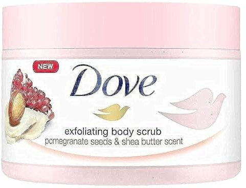 Dove Exfoliating Body Scrub Pomegranate Seeds and Shea Butter Scent Gentle Moisturising Scrub for Smooth, Soft Skin Removes Dead Skin Cells, Hydrates and Nourishes Suitable for Daily Use, 225ml