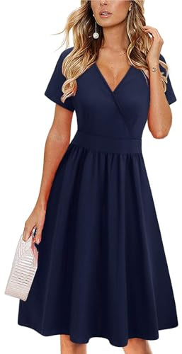 VOTEPRETTY Vestido midi de manga larga con cuello en V y bolsillos para mujer