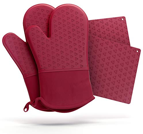 Cosy House Collection 4-Piece Oven Mitt & Pot Holder Set - 500°F Heat Resistant Trivet Cooking Gloves - Flexible, Durable & Comfortable Long-Lasting Silicone - Cooking, Baking & Grilling (Red)