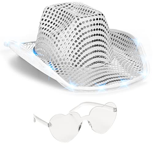 Funcredible White Light Up Cowboy Hat and Glasses - Sparkly Disco Cowgirl Hat - Sequin Cowboy Hats for Women - Cowgirl Costumes for Girls