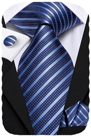 Hi-Tie Blue Ties for Men 63'' Extra Long Men's Ties Set Silk Striped Necktie and Pocket Square Cufflinks for Business