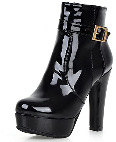 Stivaletti da Donna con Tacco Alto, Stivali da Festa Tacco a Blocco Zip Punta Rotonda Polacchine Moda con Plateau, 13296Zoq Nero Numero 33 EU