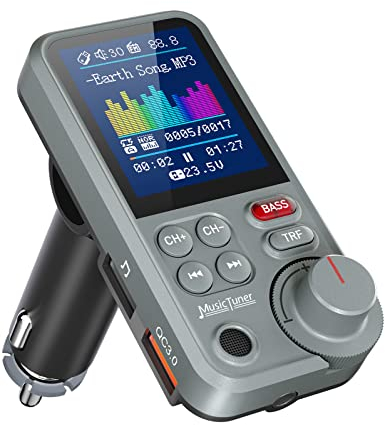 Nulaxy Bluetooth Adapter Auto, Starkes Mikrofon FM Transmitter Auto Bluetooth mit 1,8-Zoll-Farbbildschirm für Freisprechanrufe, unterstützt QC3.0-Lade-, Höhen- und Bassmusik-Player - KM30