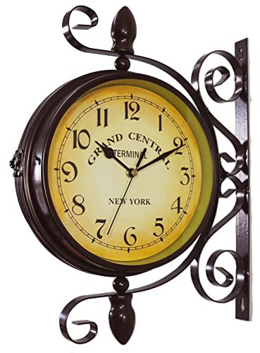 URFEDA Horloge Murale Rétro Double Face avec Support, Double Face Extérieure Horloge Murale de Jardin Étanches Vintage Suspendue Horloge pour Maison Salon Chambre Étude Décoration Type 2