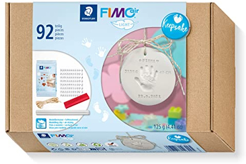 STAEDTLER 81 Set 03 FIMOair Light Air-Drying Modelling Clay - Baby Handprint Keepsake Set (Set of 92 Pieces, Including 125g Clay Block & Letter Stamp Kit)