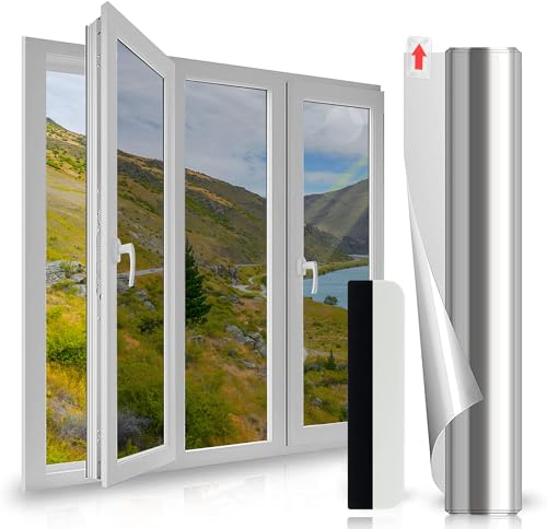 Antrect One Way Window Film Silver Anti UV Film Privacy Mirror Anti Glare Reflective Window Film Heat Control Window Tint Sun Blocker Window Sticker Privacy Film For Glass Windows