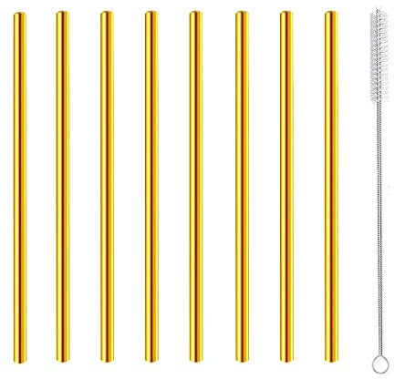 morneve Cannucce Riutilizzabili in Metallo Acciaio Inossidabile Corte, Piccole Cannucce in Acciaio Inox per Rock Gin in Vetro Barattolo, Forniture Feste con Spazzola, Oro 8 Pezzi