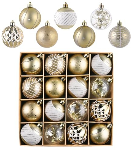 Valery Madelyn Weihnachtskugeln 16 Stück 6cm Bruchsichere Christbaumkugeln Kunststoff Weihnachtskugel Weihnachtsdeko mit Aufhänger Geschenkpaket Elegante Weißgold Weihnachtsbaumschmuck