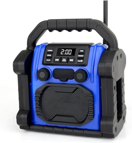 Bingxue FM Radio Receiver,USB Bluetooth Speaker with Clock Alarm/LED Lights,Portable Anticollision for Constrution Site/Outdoor/Fishing/Yoga/Party/Camping(Color Option) (Blue)