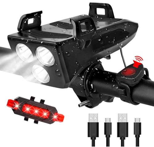 Juego de luces LED para bicicleta con soporte para teléfono recargable, luz para bicicleta de 4000 mAh con banco de energía con timbre y luz trasera, linterna para bicicleta, senderismo, camping, toda | Luz para Bicicleta con Power Bank con Timbre y Luz Trasera Linterna para Bicicleta, Senderismo, Camping, All Mount