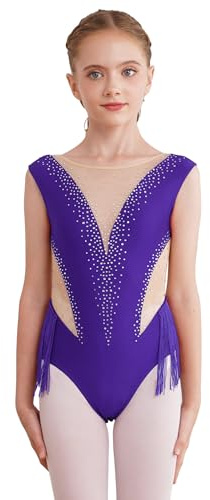 iiniim Maillot Baile Latino Niña Body Flecos Patinaje Artistico Competición Maillot Brillante Leotardo Gimnasia de sin Manga Vestido de Baile Salsa Cha Cha A Morado 9-10 años