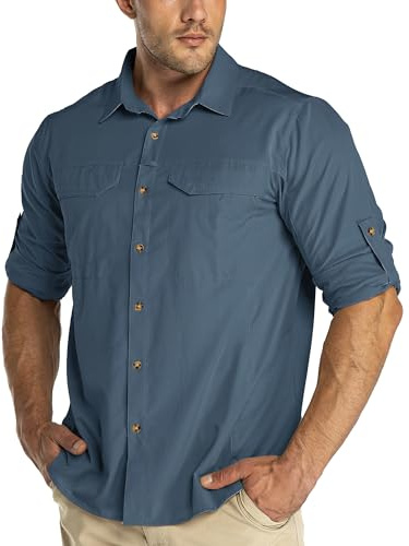 33,000ft Camicia da Uomo con Protezione UV UPF50+ a Maniche Lunghe, Camicia Traspirante con Collo a Bottoni, Camicia Sportiva da Tempo Libero, Camicia da Pesca per Uomini, blu acciaio, XXL