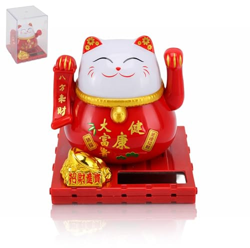 HERCHR Gato Solar Rojo Agitando 2 Piezas 7cm, Maneki Neko Japonés para Escritorio, Estatua Movimiento con Panel Solar sin Baterías