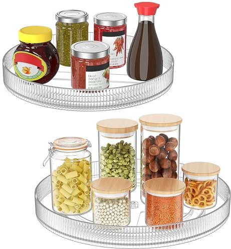 Radikor 2 Stück Drehteller Kühlschrank Organizer: 24 + 27cm, 360° Lazy Susan Drehbares Gewürzregal, Küche Drehteller Organizer, Kunststoff Drehplatte Rund für Gewürzen, Kosmetika, Flaschen